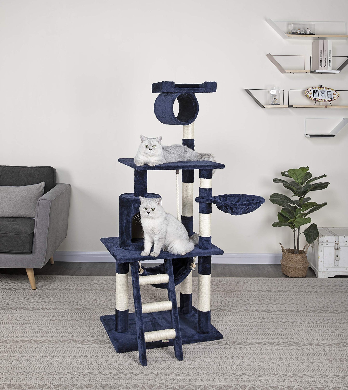 Go Pet Club - 62" Tall Cat Tree - Cat Tower with Scratching Post - Cat Tower for Indoor Cats - Multi-Level Condo, Hammock, Basket Bed - Blue