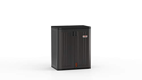 Suncast Commercial Heavy-Duty 9 Cubic Ft. Resin Storage Cabinet with Lockable Handles, Adjustable Metal-Reinforced Shelves for Garage or Workspace, Black, Made in The USA