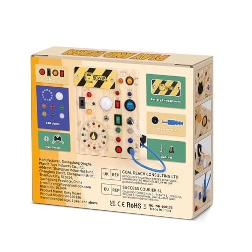 Iabedi Busy Board, Montessori Toy for 1-3 Years Old, Wooden Toddler Sensory Travel Toy, Ideal Gift for 1+ Year Old Boys (Busy Board Plus V2), Medium, Yellow