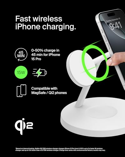 Belkin MagSafe-Compatible Charger, 3-in-1 Wireless Charging Station, Qi2-Certified 15W Wireless Charge for Apple iPhone 17 Series, Apple Watch, AirPods w/Non-Slip Base, 40W Included - Black