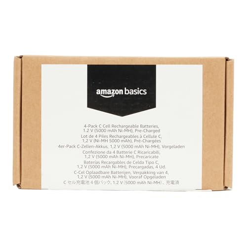 Amazon Basics Rechargeable C Cell Batteries, 4-Pack, NiMH, 5000 mAh, Recharge up to 1000x Times, Pre-Charged
