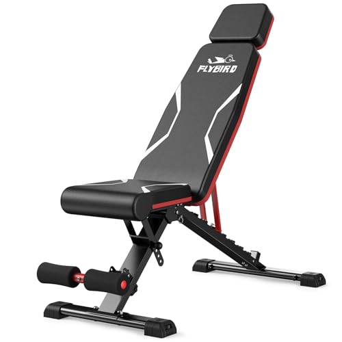 FLYBIRD Adjustable Weight Bench Fits up to 6'5'', 750LBS Capacity for Full Body Workout, 27LBS Sturdy Foldable Bench Press for Home Gym, 5X Stable Lifting Bench Incline Decline Flat Dumbbell Exercise