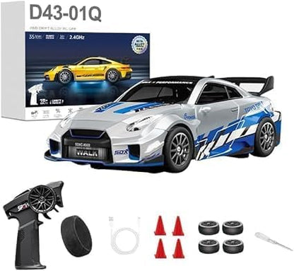 D43-02 1:43 Scale 2.4G Full Proportional 4WD Alloy RC Drift Car with Gyro System Silent Bearings Adjustable Speed &amp LED Lights for Adults High Speed Remote Control Racing Car