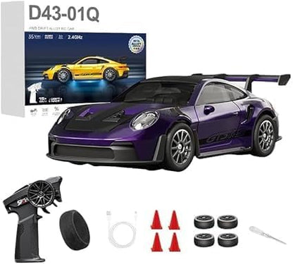D43-01 1:43 Scale 2.4G Full Proportional 4WD Alloy RC Drift Car with Gyro System Silent Bearings Adjustable Speed &amp LED Lights for Adults High Speed Remote Control Racing Car