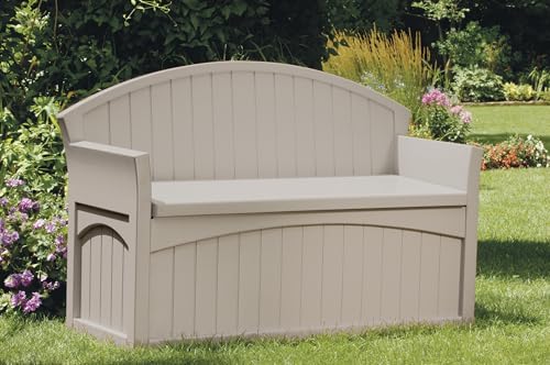 Suncast 50 Gallon Patio Bench with Storage - Decorative Resin Outdoor Patio Bench for Deck, Patio, Garden, Backyard - Ideal for Storing Toys, Cushions, Tools - Taupe ()