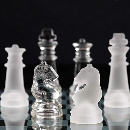 10*10 Glass Chess Set Frosted and Clear Pieces Felted Bottom for Adult and Teens（Gift for Game Education）