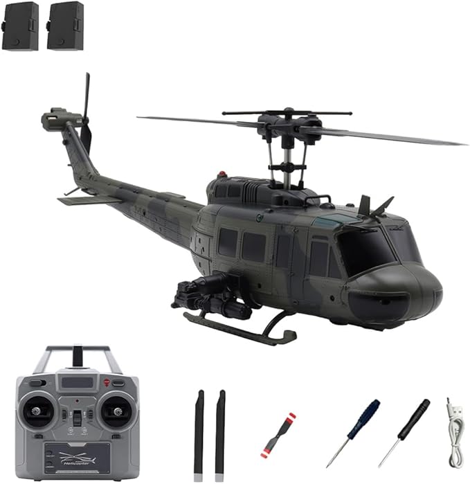 C032 UH-1 Huey RC Helicopter 1/48 Scale 6-Channel Brushless Helicopter with Optical Flow Positioning One Click Inverted Flight &amp Gyro Stabilized 3D Stunt Military Aircraft Model for Adults