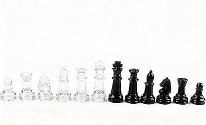 Elegant Glass Chess Set 13.8 Inch - Large Modern Chess Board Game with Black &amp Clear Pieces Felted Bottoms - Crystal Strategy Game Gift for Adults Home Decor