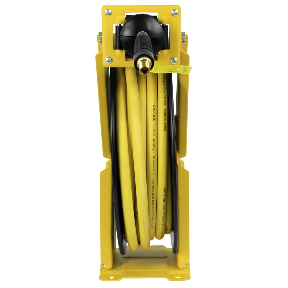 DEWALT Retractable Air Hose Reel 50ft, Wall or Truck Bed Mounted Usable for Pnuematic Air Tools for Mechanics, Garage, At Home and More: Double Arm Construction, 3/8in x 50ft Hose