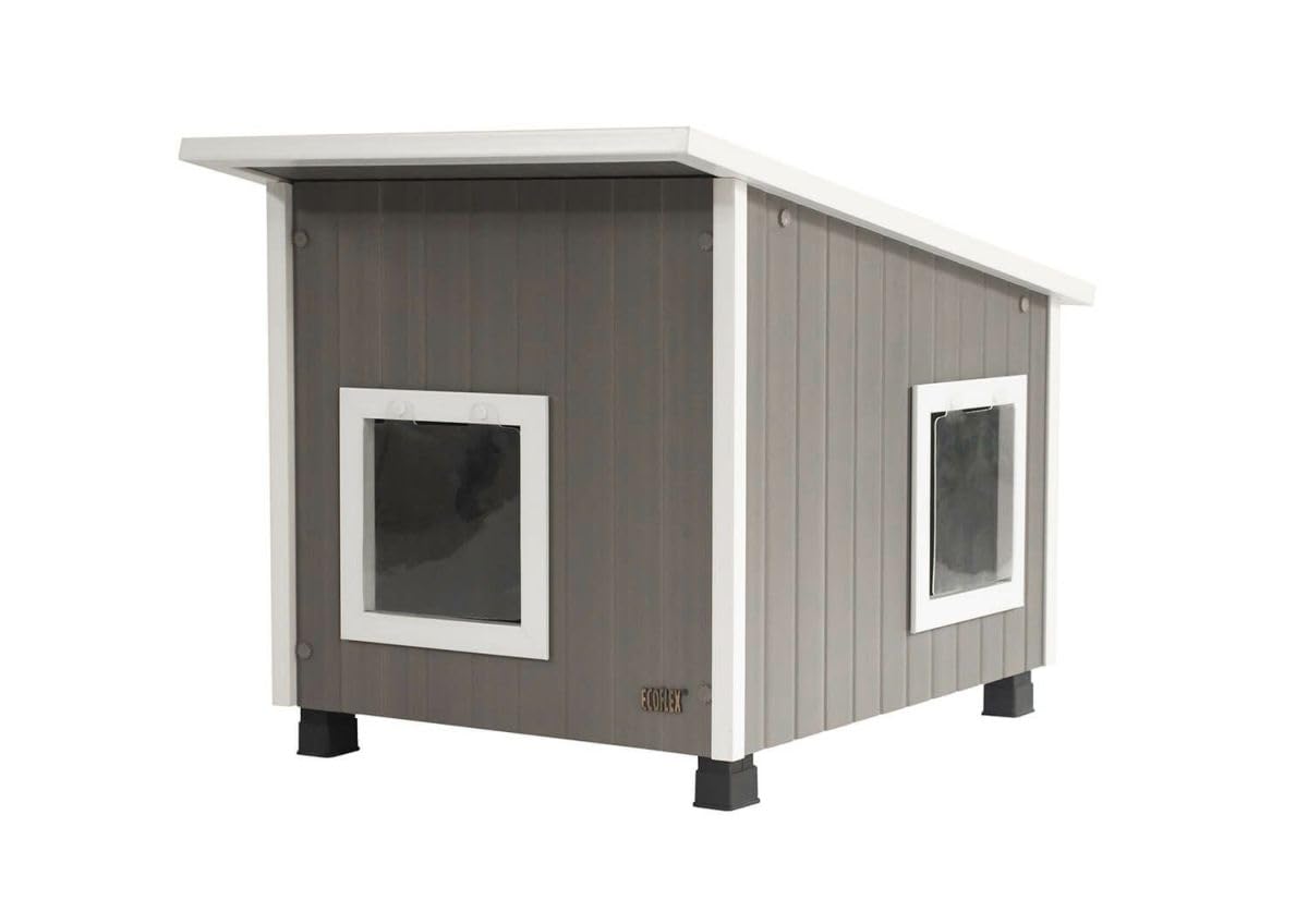 New Age Pet ECOFLEX XL Outdoor Cat House - Durable, Moisture-Resistant Wood Plastic Composite, Dual Entry, Easy Assembly, Elevated Floor for Ventilation, Compatible with Heated Pad, 10-Year Warranty