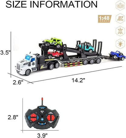Remote Control Car Transporter Truck Includes 4 Cars - 14 1:48 Mini RC Toy Semi Truck Trailer with 2pcs Rechargeable Batteries Carrier Car Truck Vehicle with Lights Great Gift for Kids Boys Girls