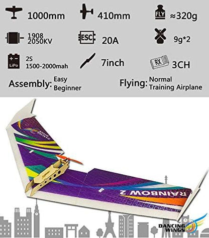 DW Hobby EPP Electric Micro Flying Wing Rainbow ZAGI Plane w/1000mm Wingspan Delta Wing Tail-Pusher Flying Aircraft for Toy Plane Model Aeroplane to Build (E0604-R10)