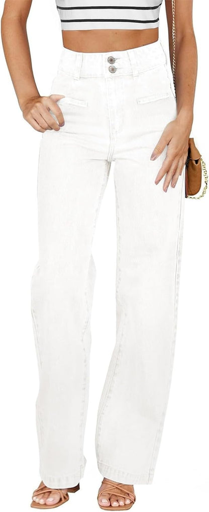 Sidefeel Women's Jeans High Waisted Straight Leg Stretchy Jeans Trendy Welt Pockets Loose Wide Leg Zimbaplatinum Denim Pants