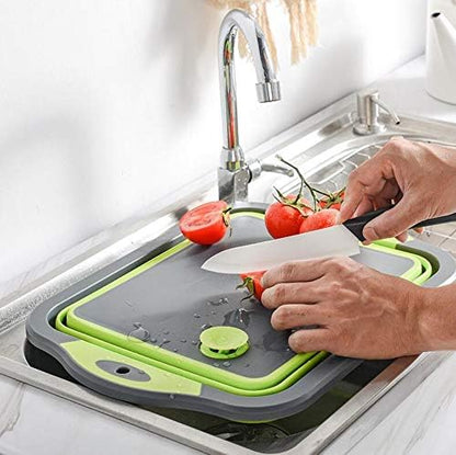 YZWDTGS Collapsible Cutting Board with Colander, Foldable Multi-function Kitchen Plastic Silicone Dish Tub, Fruits Vegetables Wash and Drain Sink Storage Basket (Green)