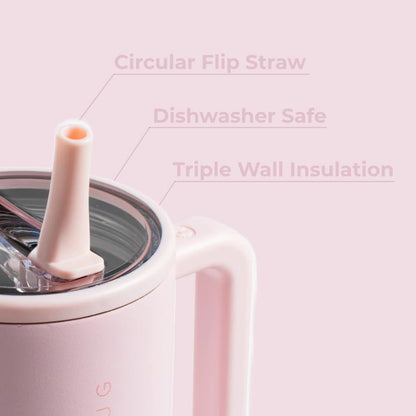 HydroJug Traveler - 32 oz Water Bottle with Handle & Flip Straw - Fits in Cup Holder, Leak Resistant Tumbler-Reusable Insulated Stainless Steel & Rubber Base - Gifts for Women & Men, Pink Sand