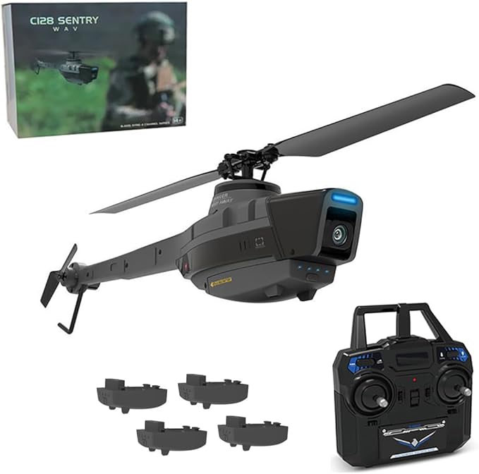 C128 RC Military Aircraft 2.4G 4CH Remote Control Helicopter with Camera for Adults Single-Rotor Aileronless Indoor Outdoor-RTF (4 Batteries)