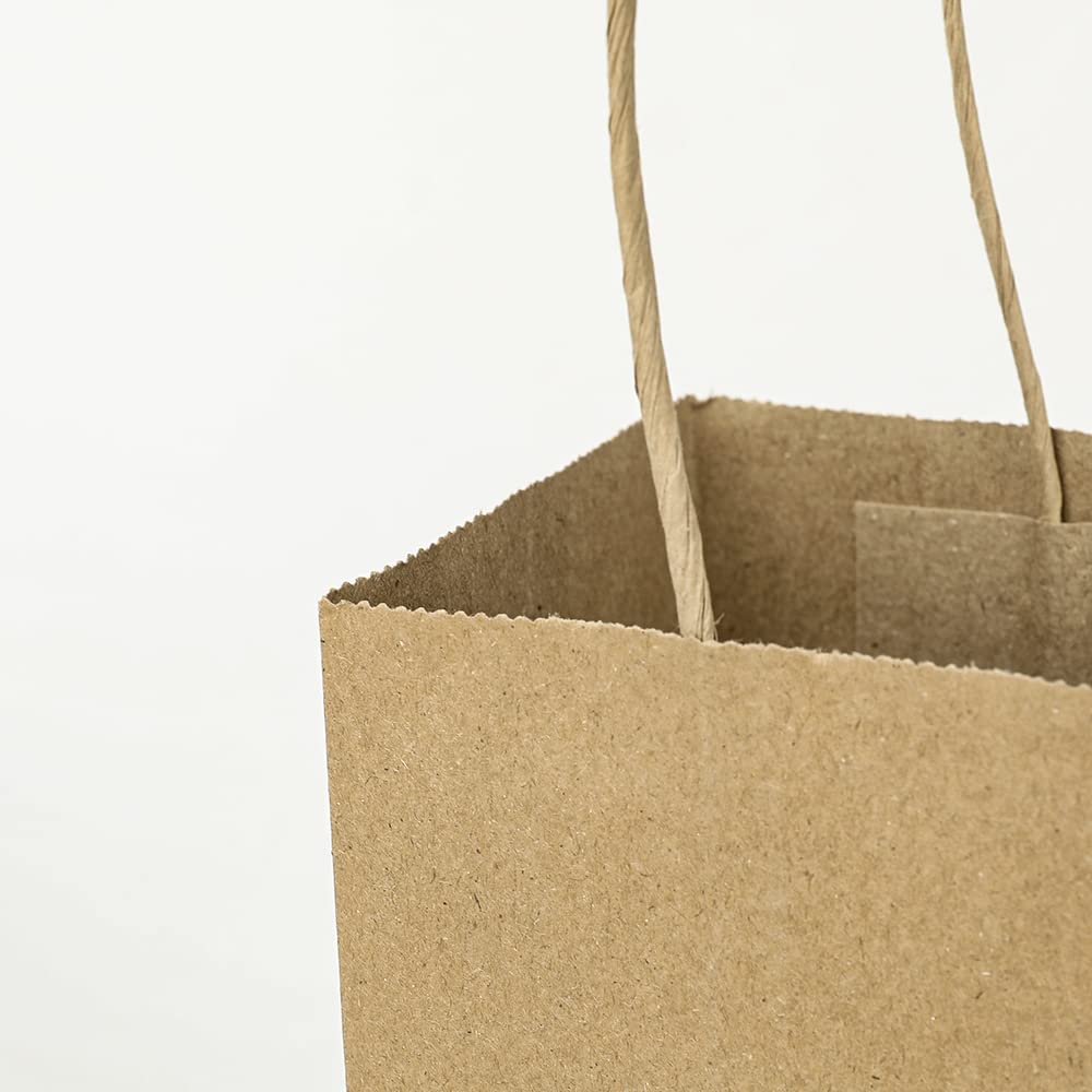 Oikss 100 Pack 5.25x3.25x8.25 Inch Small Plain Natural Kraft Paper Gift Bags with Handles Bulk for Birthday Party Favors Grocery Retail Shopping Business Goody Craft Bags Cub Sacks (Brown 100 Count)