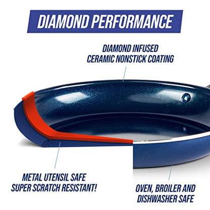 Blue Diamond 5QT Saute Pan with Lid, Non Toxic PFAS-Free Diamond Ceramic Nonstick, Dishwasher & Oven Safe, Metal Utensil Safe, Deep Jumbo Cooker Skillet with Helper Handle, Glass Lid, Blue