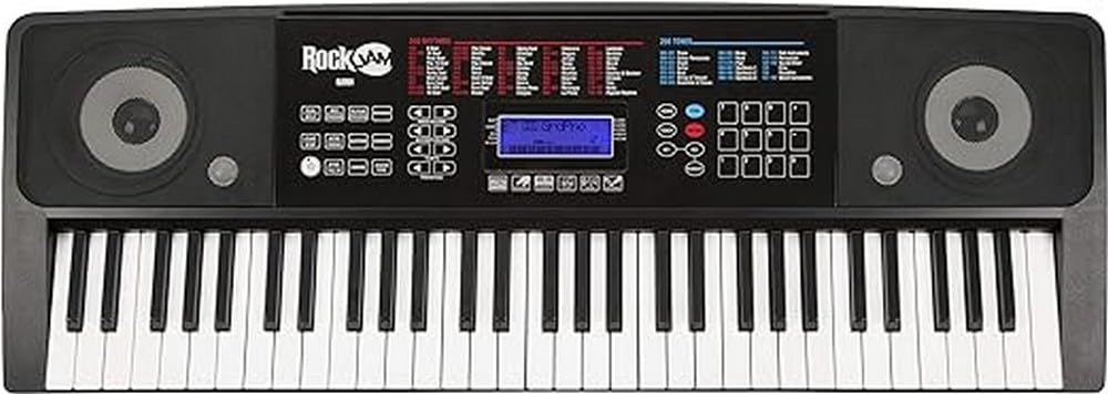 RockJam 61 Key Touch Display Keyboard Piano Kit with Digital Piano Bench, Electric Piano Stand, Headphones Piano Note Stickers, Sustain Pedal & Simply Piano Lessons