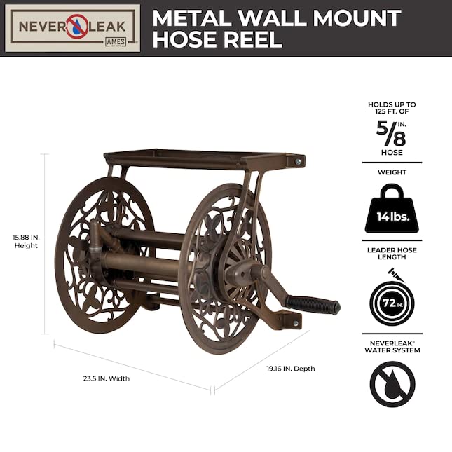 AMES 2398110 NeverLeak Decorative Wall Mount Hose Reel, Brown