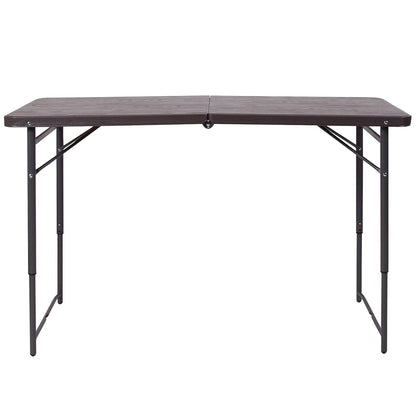 Flash Furniture Mills 4-Foot Height Adjustable Bi-Fold Brown Wood Grain Plastic Folding Table with Carrying Handle