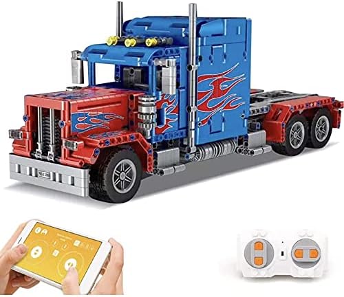 General Jim's RC Semi Truck Building Blocks Set Remote and App Controlled Model with Opening Doors Extendable Bed Dual Axles Flame Design 839 Pieces 1:20 Scale