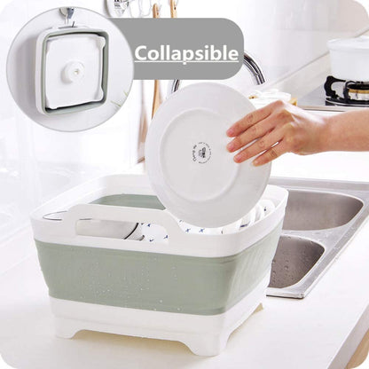 FOSJGO Collapsible Dish Basin with Drain Plug and Carry Handles - 9L Capacity, Portable Sink Tub for Camping and RV