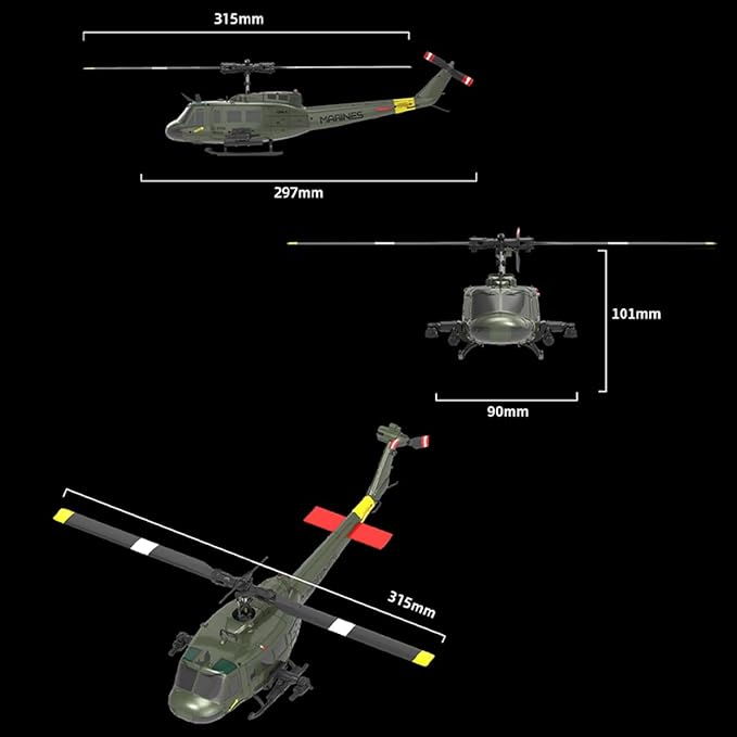 C032 UH-1 Huey RC Helicopter for Adults - 1/48 Scale 2.4G 6CH Flybarless Remote Control Helicopter Model 3D Stunt Flight &amp High-Precision RC Airplane (Dark Blue(2 Batteries))