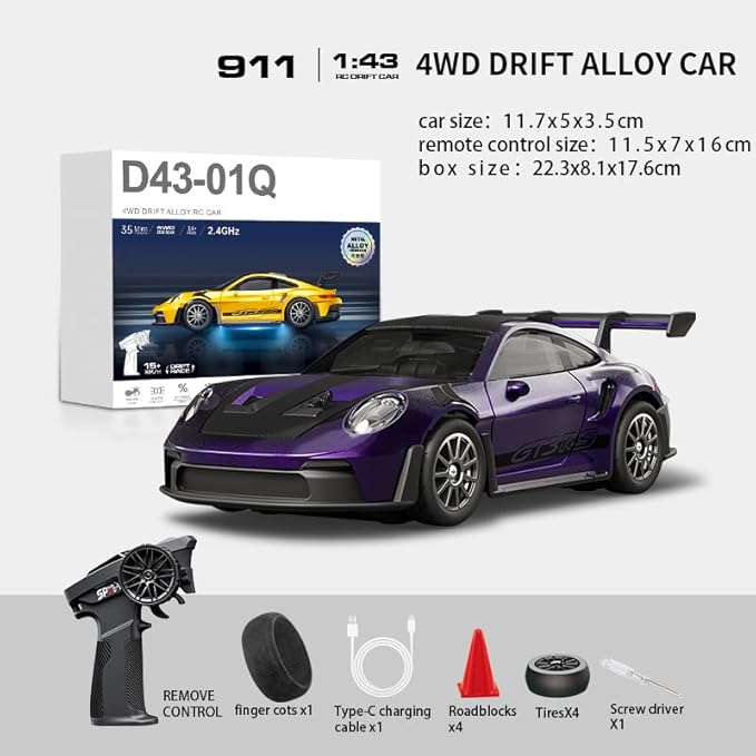 D43-01 1:43 Scale 2.4G Full Proportional 4WD Alloy RC Drift Car with Gyro System Silent Bearings Adjustable Speed &amp LED Lights for Adults High Speed Remote Control Racing Car