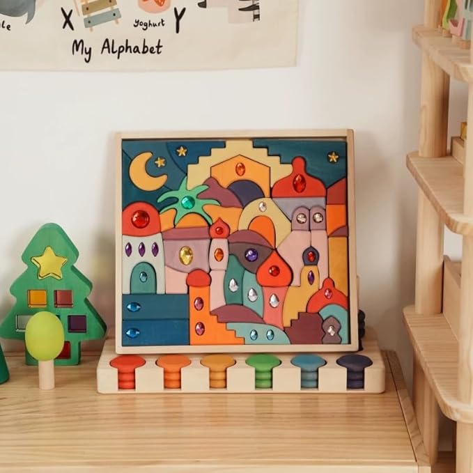 52PCS Wooden Acrylic Gem Blocks Translucent Cubes Stacking Toys Natural Wood Creative Game Blocks Educational Toys for Children (Moon Beach Gemstone Blocks)