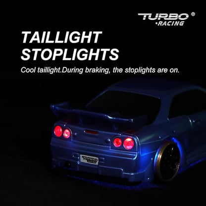 Turbo Racing 1:76 Scale Drift RC Car with Gyro Mini Full Proportional RTR 2.4GHZ Remote Control with 2 Replaceable Body Shell (C64-BLUE)