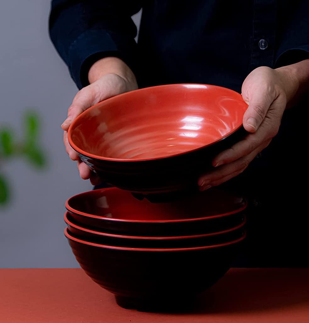 4 Ramen Bowls, 12 pieces Pho set. Red Black Ramen Bowl Set. Unbreakable Melamine. Asian Japanese soup. Spoons And Chopsticks kit. . XL 37 oz. Noodles, Rice, Udon, Thai, Chinese, Korean, Wonton, Miso