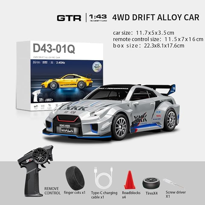 1:43 RC Drift Car 20KM/H with Gyro 2.4G 4WD Full Proportional Alloy Sport Racing Car Adjustable Speed LED Lighting for Teens &amp Adults-D43-02
