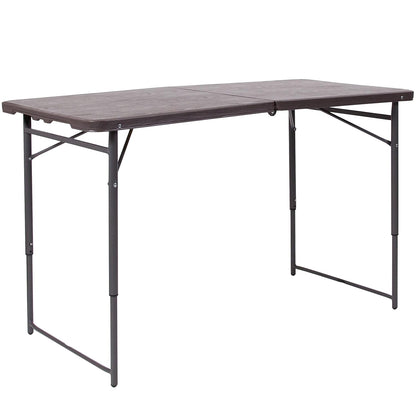 Flash Furniture Mills 4-Foot Height Adjustable Bi-Fold Brown Wood Grain Plastic Folding Table with Carrying Handle