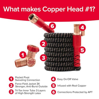Pocket Hose Copper Head w/New Pocket Pivot Expandable Garden Hose 25 FT, AS-SEEN-ON-TV, Swivels 360°, Advanced Tri-Tex Tubing & Force Field Jacket, 3X Stronger, Lead-Free, No-Kink, Anti-Burst w/APT