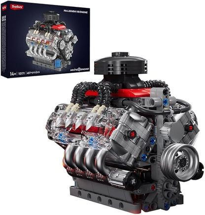 Sosuy V8 Engine Building-Blocks Sets Working Motor Model 487+PCS Mechanic Display Home Set for Collection Fans STEM Cars Toys for Boys Birthday Gitf for 8+ Kids Adults Men Girls