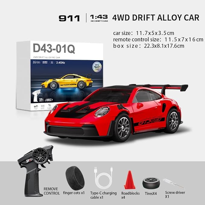 1/43 Scale RC Drift Car 2.4G Full Proportional 4WD Remote Control Car with Gyro Adjustable Speed &amp LED Lights Alloy RC Vehicle for Adult