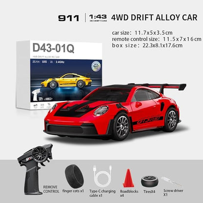 D43-01 1:43 Scale 2.4G Full Proportional 4WD Alloy RC Drift Car with Gyro System Silent Bearings Adjustable Speed &amp LED Lights for Adults High Speed Remote Control Racing Car