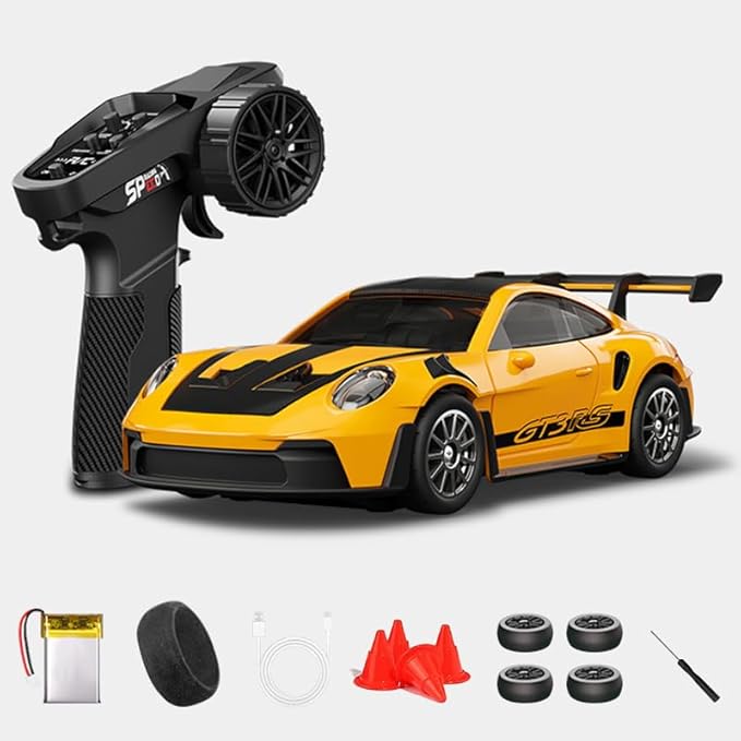 1:43 RC Drift Car D43-01 - 2.4G Full Proportional 4WD Alloy 20KM/H High Speed RC Racing Car with Gyro Silent Bearings Adjustable Speed &amp Lighting(Q1/Yellow/D43-01)