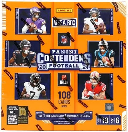 NEW 2024Contenders Football Card MEGA Box 1 AUTOGRAPH and 2 JERSEY Cards Per Box 108 Total Cards - Bonus Patrick Mahomes Card-Sized Print
