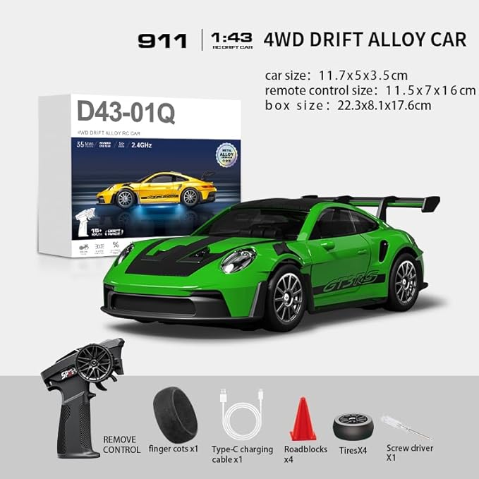 D43-01 1:43 Scale 2.4G Full Proportional 4WD Alloy RC Drift Car with Gyro System Silent Bearings Adjustable Speed &amp LED Lights for Adults High Speed Remote Control Racing Car