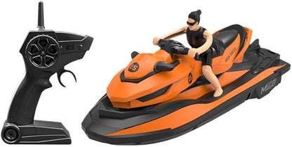 2.4GHz Remote Control Motorboat Toy 1 : 14 Jet Ski Model Toy 2 Motors Marine Motor Water Toy High Speed RC Motorboat Motor 2 Speed Level Boat Pool Toy with Detachable Driver (Orange)