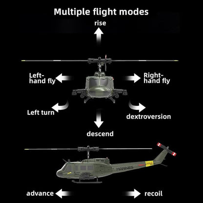 C032 UH-1 Huey RC Helicopter for Adults 1/48 Scale 2.4G 6CH Flybarless Stunt RC Plane 6-Axis Gyroscope Optical Flow Positioning TOF Lidar Height Setting for Beginners (Yellow-blue(3 Batteries))