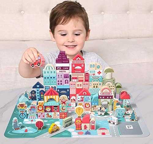181pcs 'Streetscape' Wooden Building Block Set for Toddlers Jigsaw Puzzle City Map 11 Buildings (3 Extra Bonus: Circus Zoo &amp Construction Site) Preschool Learning Educational Toys