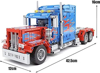 General Jim's RC Semi Truck Building Blocks Set Remote and App Controlled Model with Opening Doors Extendable Bed Dual Axles Flame Design 839 Pieces 1:20 Scale