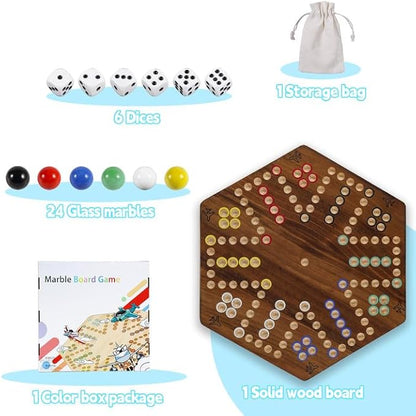 20 in Wooden Fast Track Board Game Original Wahoo Board Game for 6 and 4 Players with Marbles and Dices Burnt Color Board Marble Game(Large)