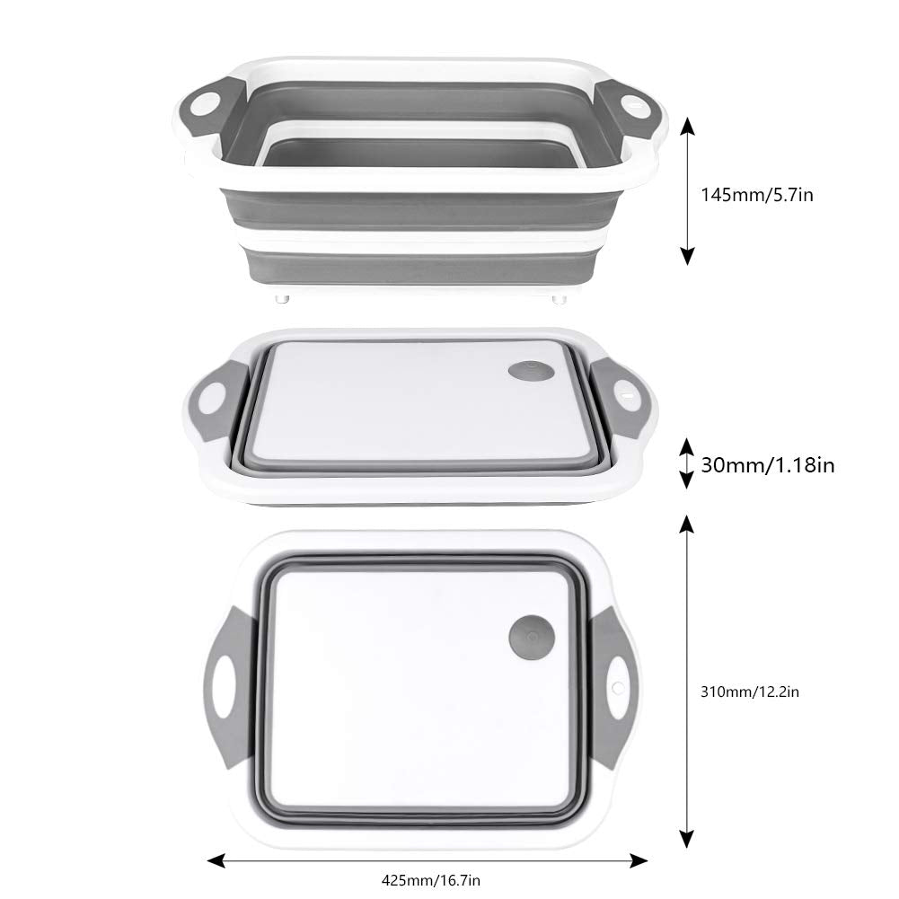 QiMH Collapsible Cutting Board - Foldable Multi-function Dish Tub - Washing and Draining Veggies Fruits Food Grade Sink Storage Basket(8.5 Quart) - New Kitchen and Camping Essentials(Knife Included)