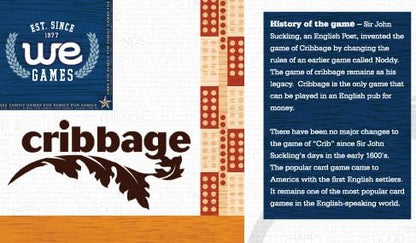 WE Games Deluxe Cribbage Set - Solid Walnut Wood Continuous 2 Track Board with Easy Grip Pegs Cards &amp Storage Bag