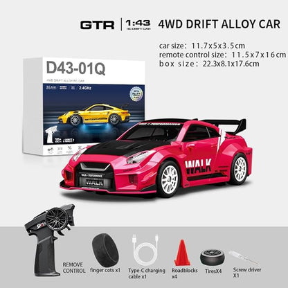 D43-02 1:43 Scale 2.4G Full Proportional 4WD Alloy RC Drift Car with Gyro System Silent Bearings Adjustable Speed &amp LED Lights for Adults High Speed Remote Control Racing Car