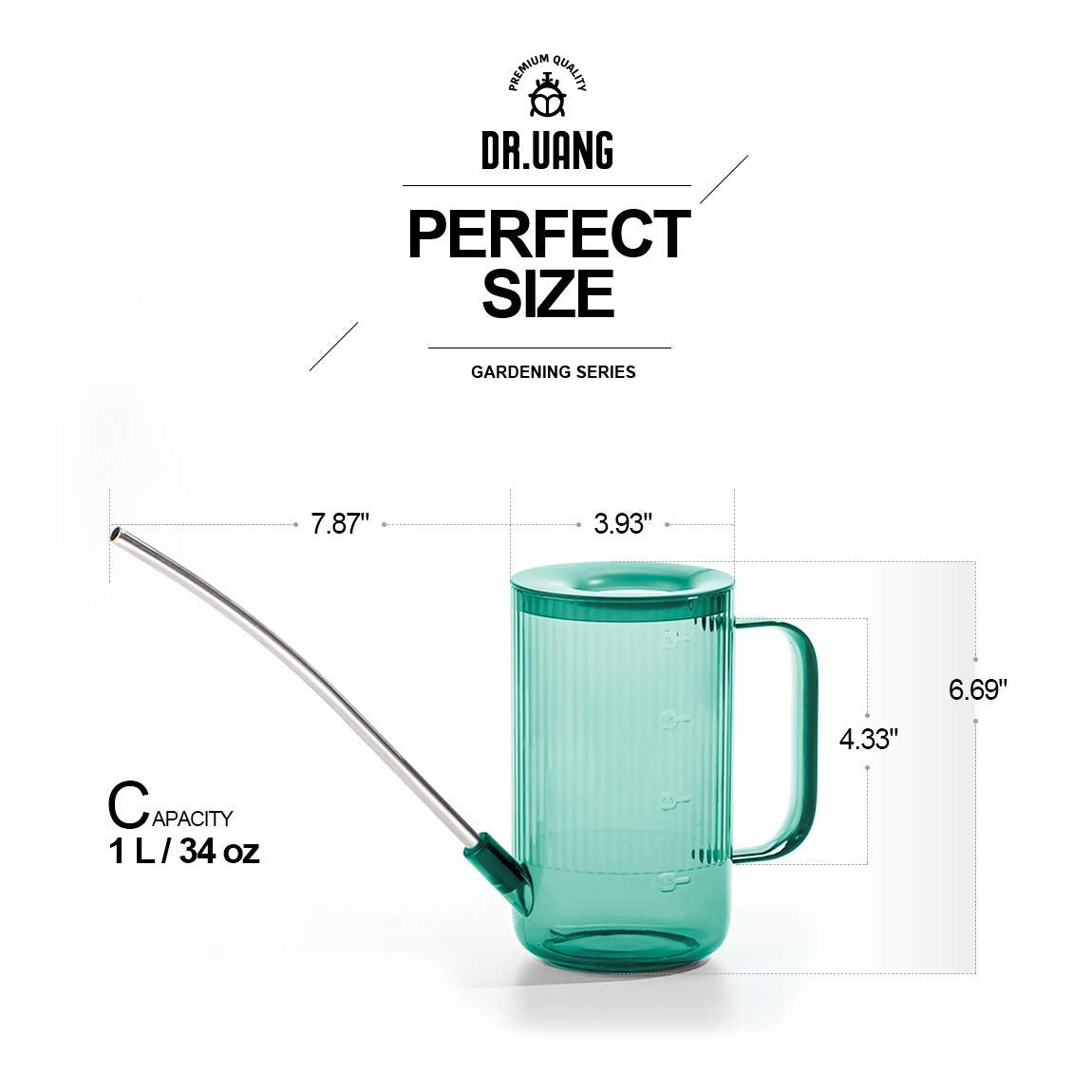 DR.UANG Small Watering Can Indoor Plants with Long Spout (1L, Emerald)
